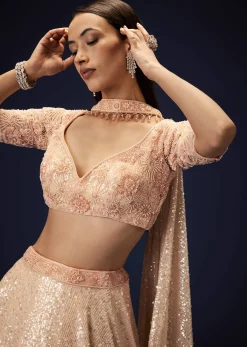 Salmon Peach Hand Embroidered Double Layer Sequence Lehenga With Frill
