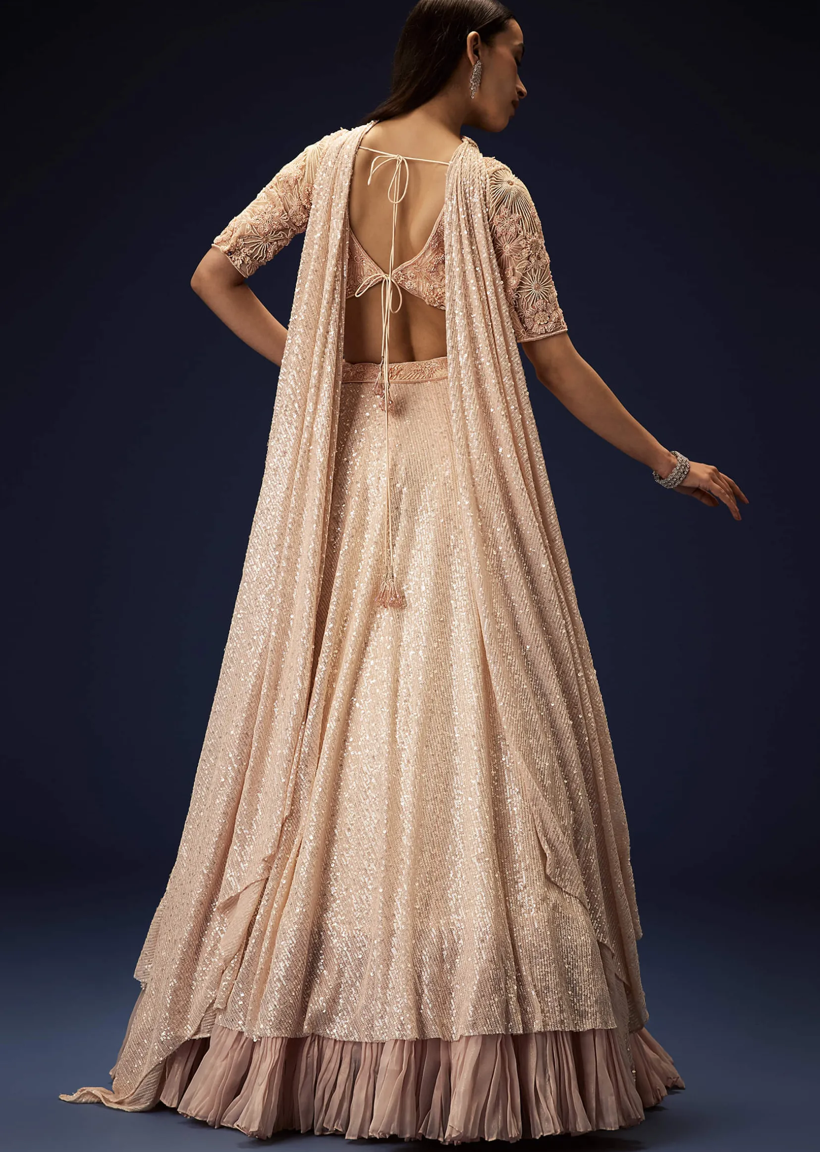 Salmon Peach Hand Embroidered Double Layer Sequence Lehenga With Frill