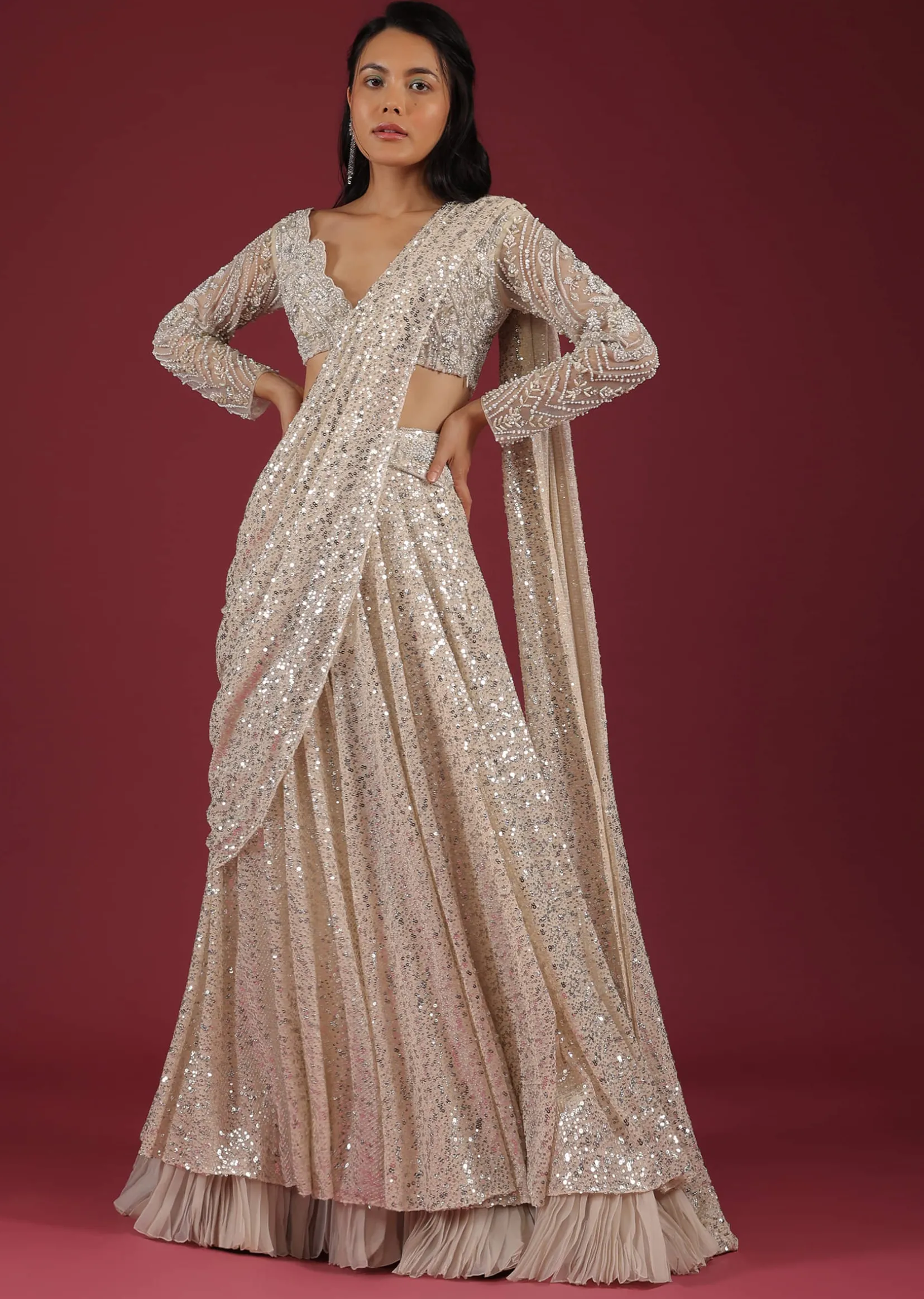 Sandshell Cream Palazzo Saree In Sequins Embroidery