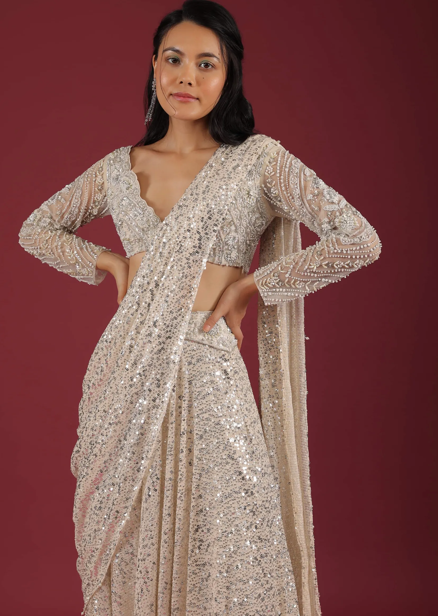 Sandshell Cream Palazzo Saree In Sequins Embroidery