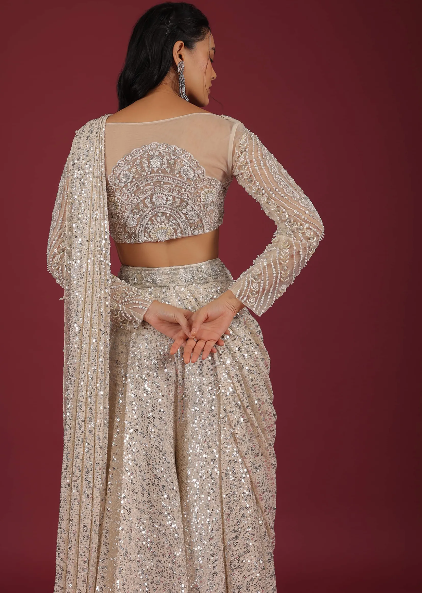 Sandshell Cream Palazzo Saree In Sequins Embroidery