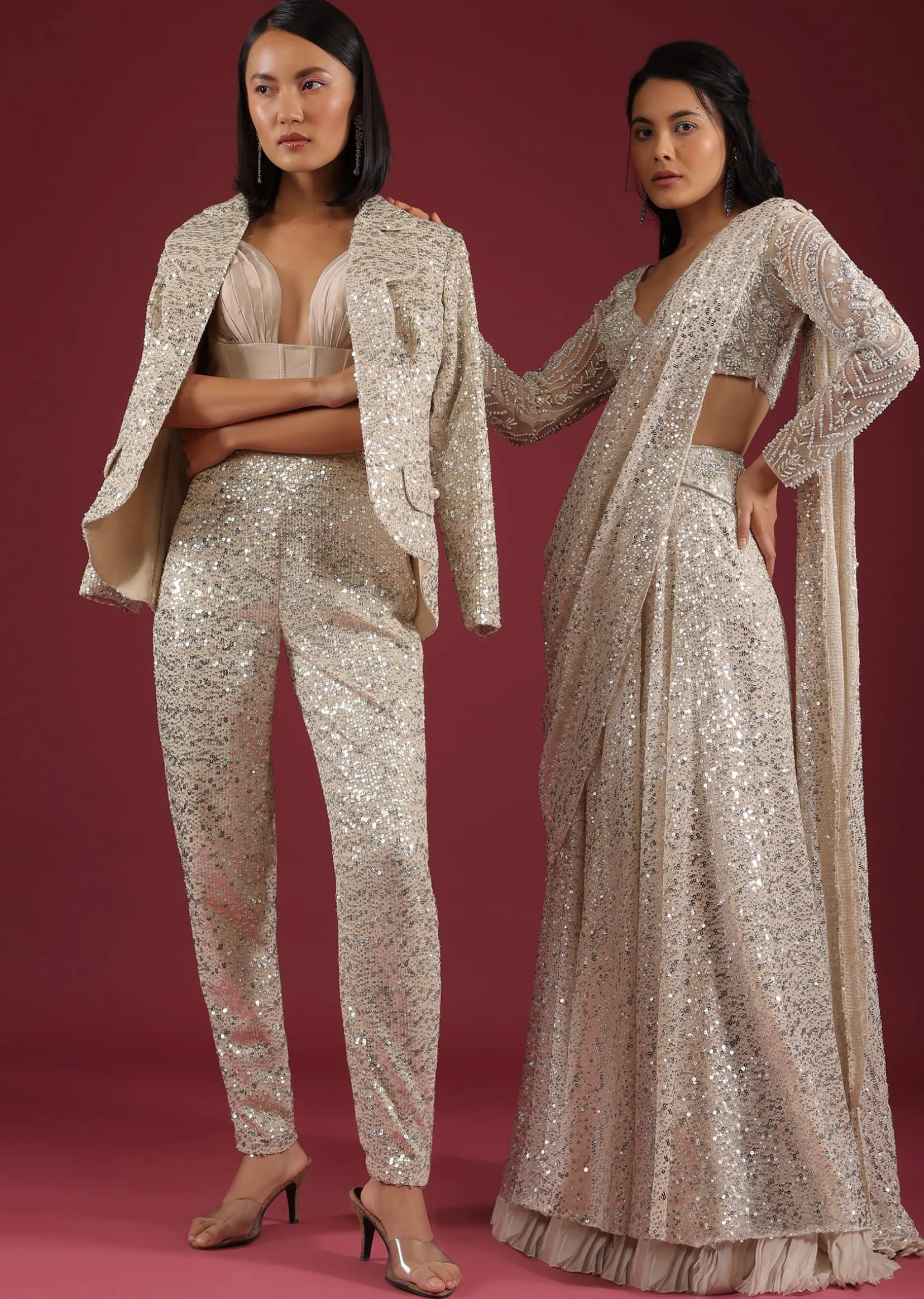 Sandshell Cream Palazzo Saree In Sequins Embroidery