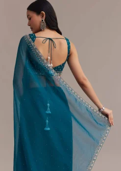 Sapphire Blue Organza Saree With Sequins And Cutdana Embellished Border