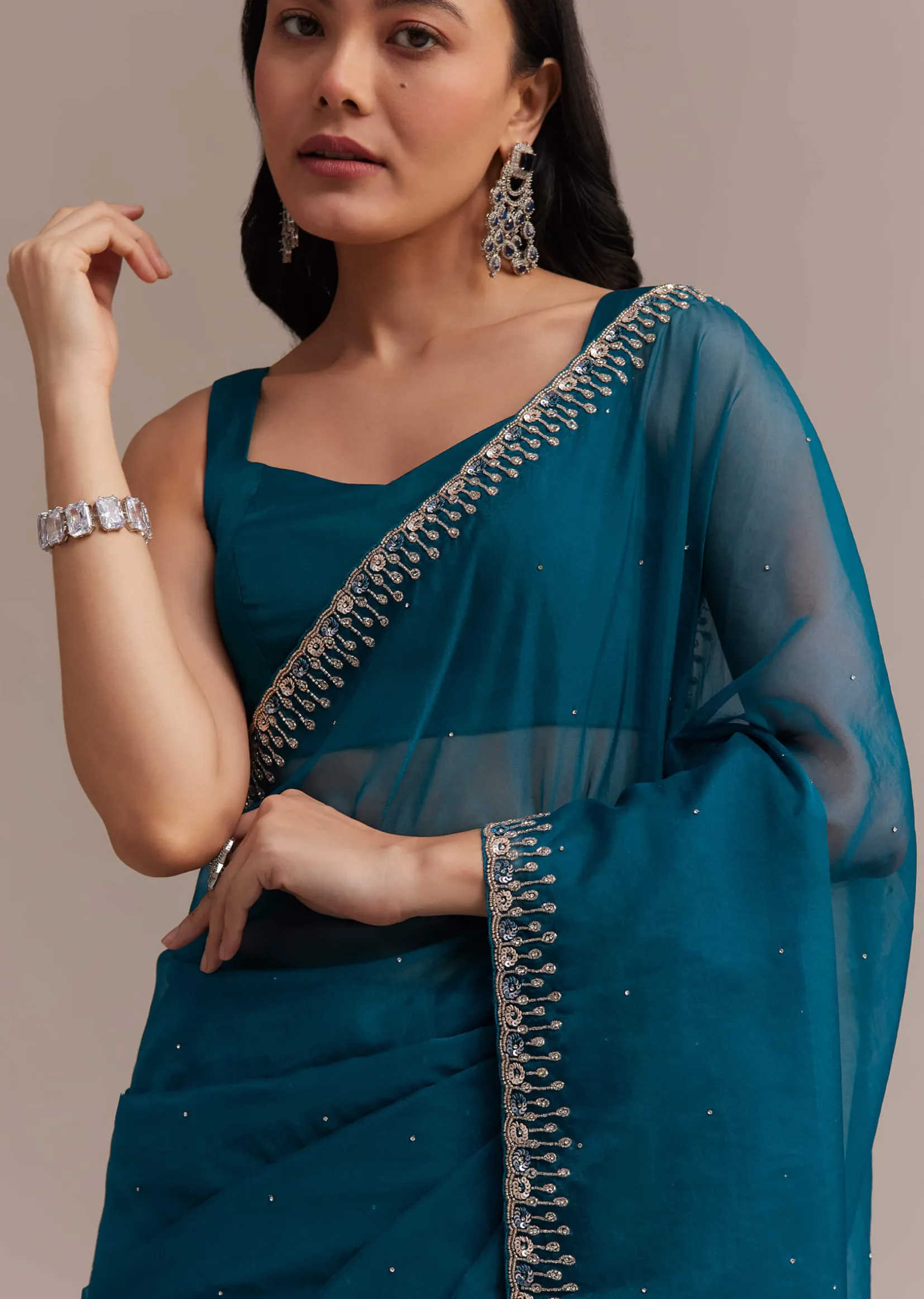 Sapphire Blue Organza Saree With Sequins And Cutdana Embellished Border