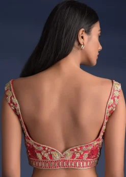 Scarlet Red Blouse In Raw Silk With Floral Jaal Embroidery