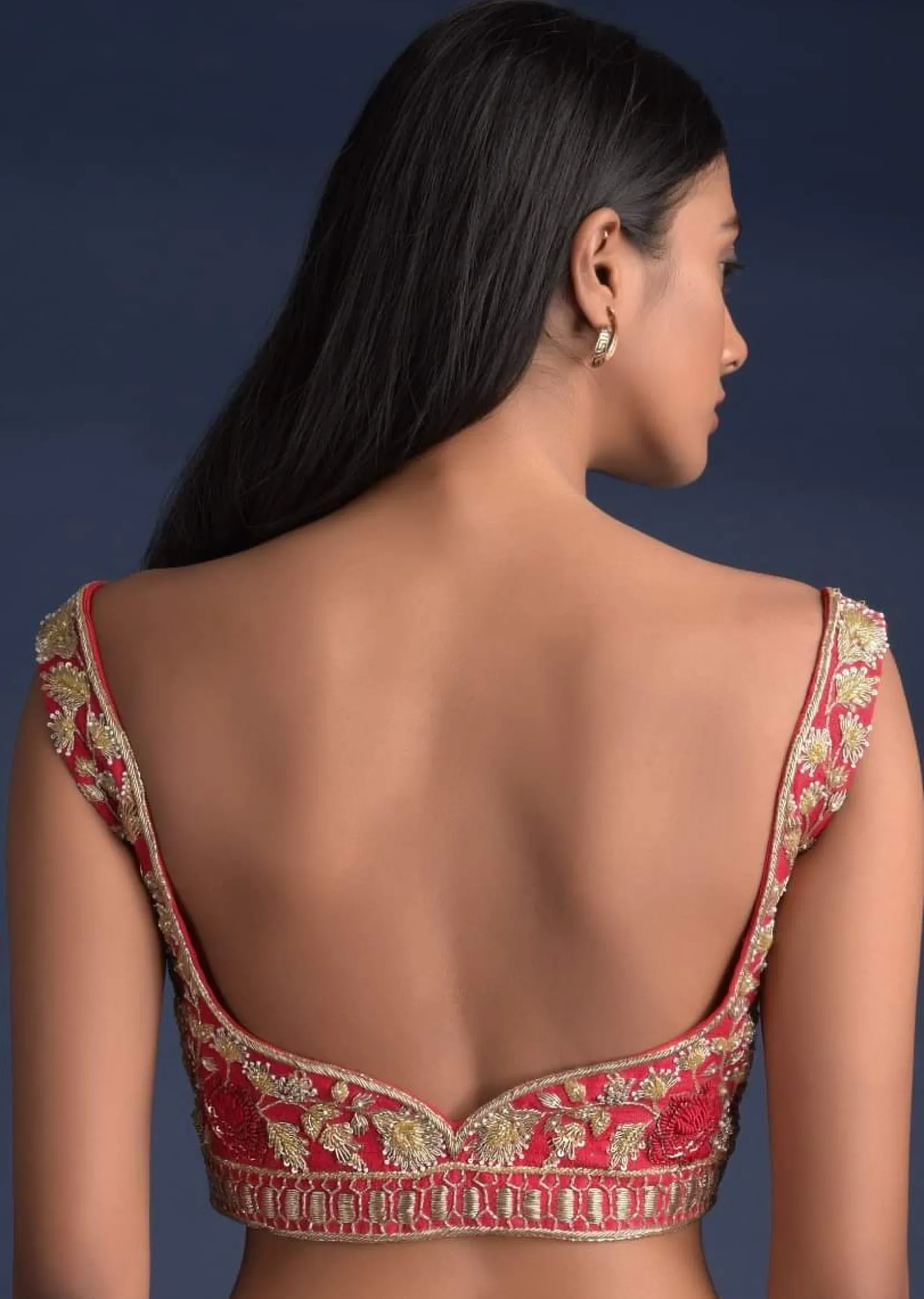 Scarlet Red Blouse In Raw Silk With Floral Jaal Embroidery