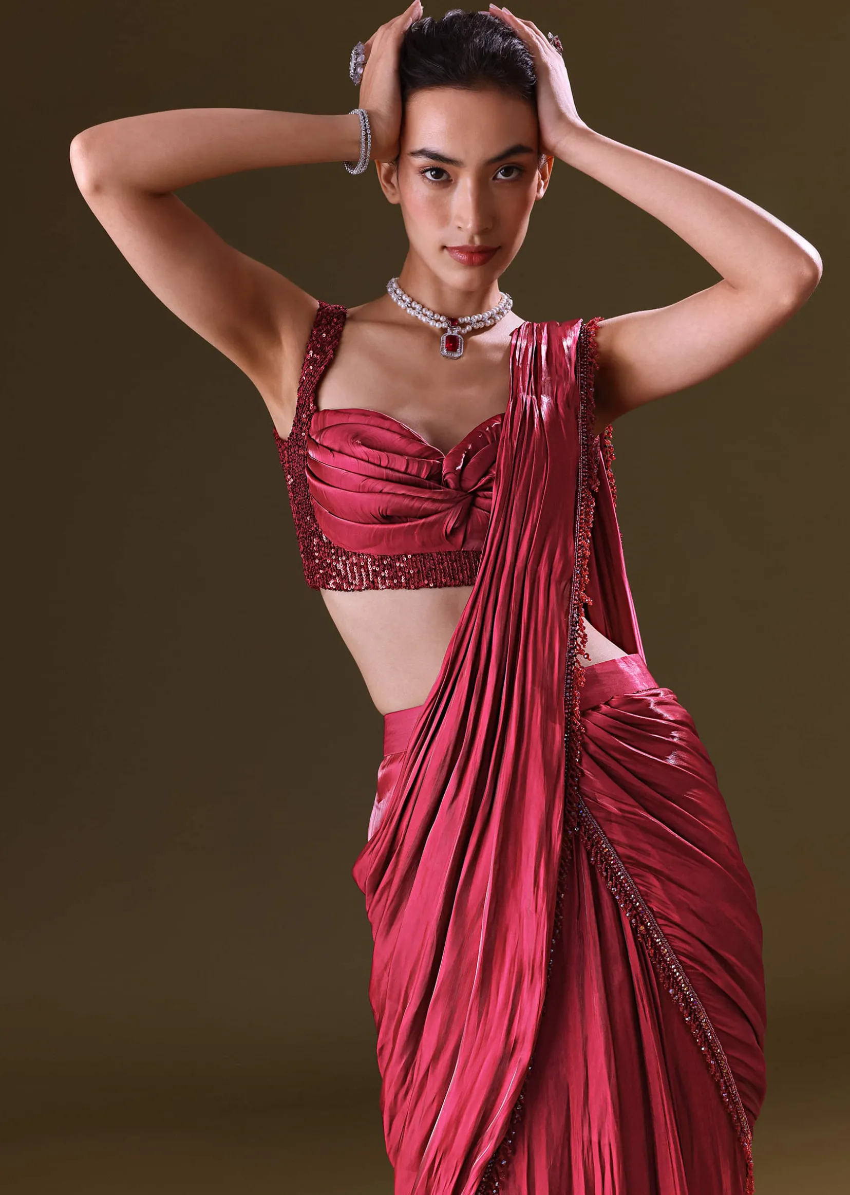Scarlet Red Fancy Organza Pre Stitched Saree With Pre Pleated Blouse