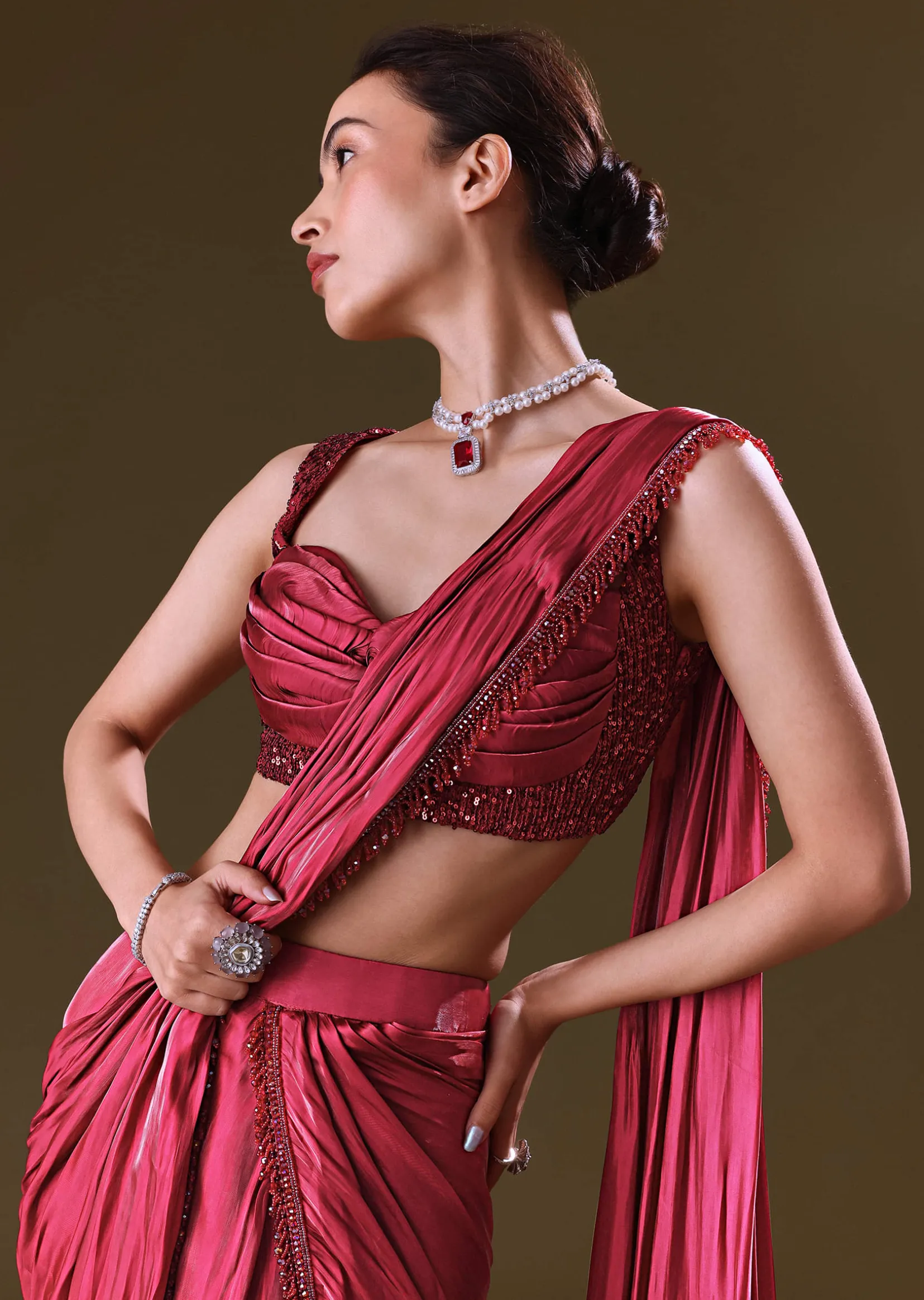 Scarlet Red Fancy Organza Pre Stitched Saree With Pre Pleated Blouse