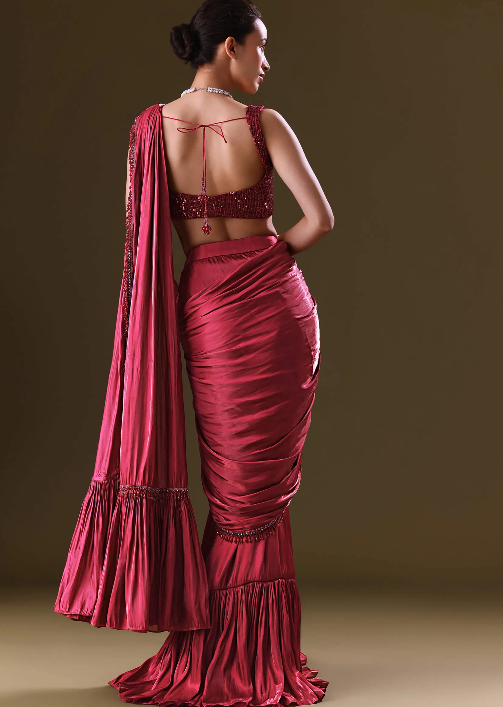 Scarlet Red Fancy Organza Pre Stitched Saree With Pre Pleated Blouse