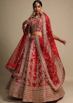Scarlet Red Lehenga Choli In Raw Silk With Zari Embroidered Feminine Floral Kalis