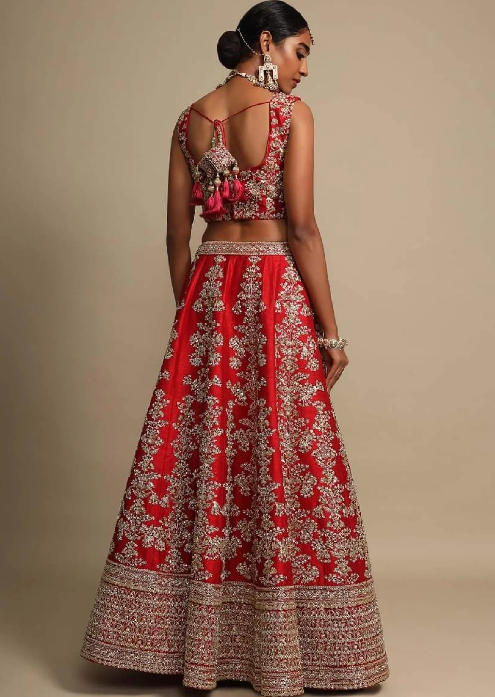 Scarlet Red Lehenga Choli In Raw Silk With Zari Embroidered Feminine Floral Kalis