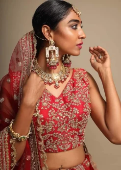 Scarlet Red Lehenga Choli In Raw Silk With Zari Embroidered Feminine Floral Kalis
