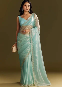 Sea Blue Glass Tissue Saree With Cutdana And Beads Scallop Border