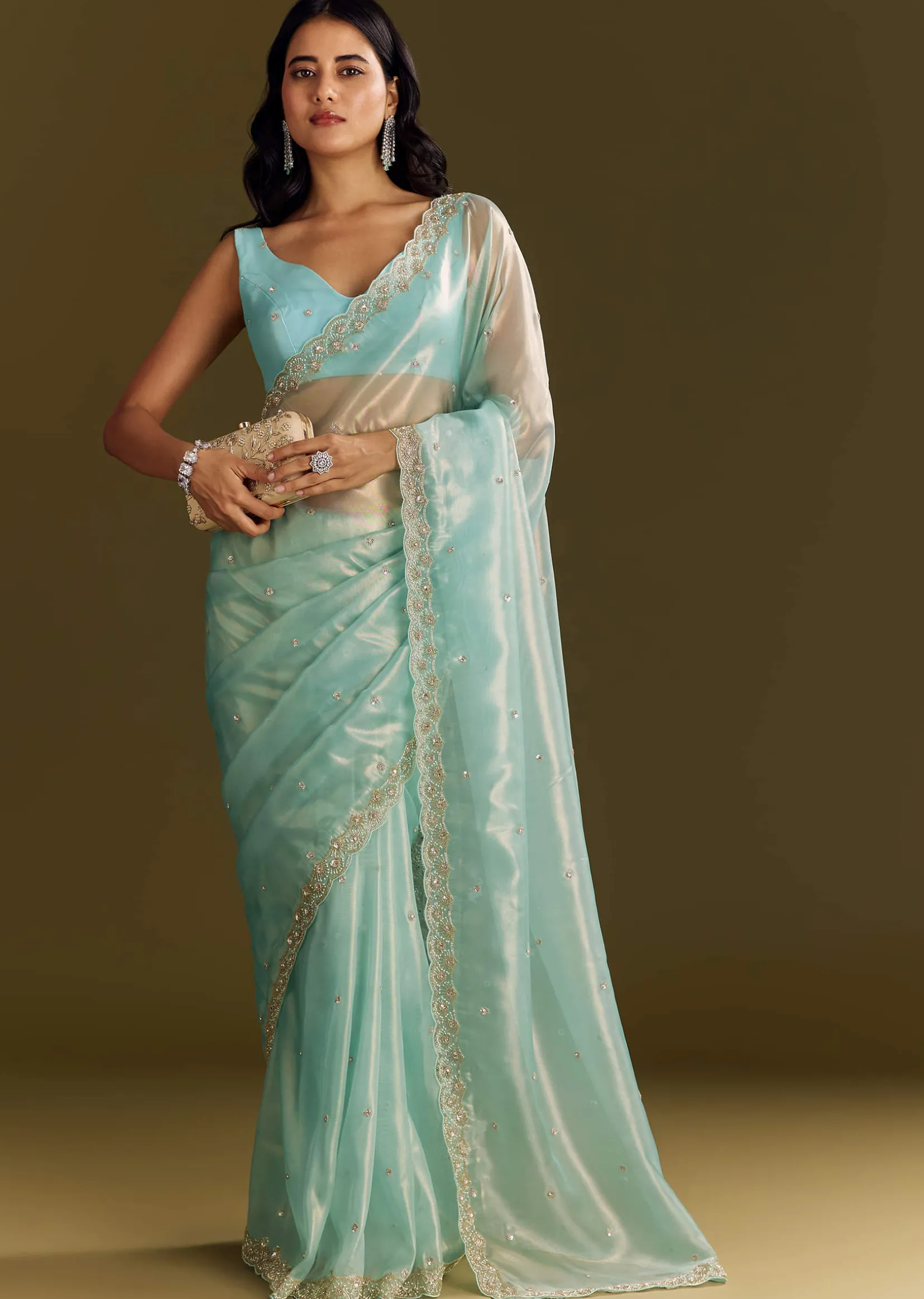 Sea Blue Glass Tissue Saree With Cutdana And Beads Scallop Border