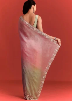 Sea Green And Light Pink Shaded Saree In Crepe Silk With Cutdana Embellishment