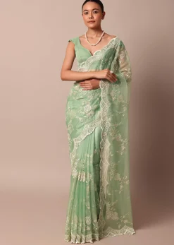 Sea Green Chikankari Saree In Organza Silk With Sequin Scallop Border And Unstitched Blouse Fabric