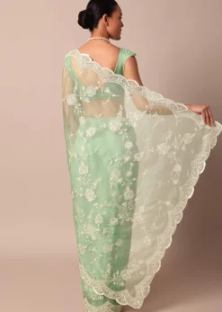 Sea Green Chikankari Saree In Organza Silk With Sequin Scallop Border And Unstitched Blouse Fabric