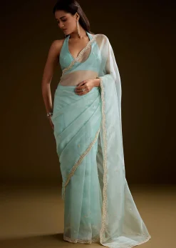 Sea Green Crush Tissue Saree With Stone And Moti Embroidery And Scallop Border