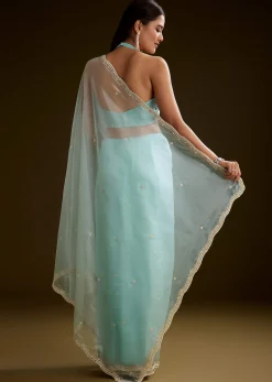 Sea Green Crush Tissue Saree With Stone And Moti Embroidery And Scallop Border