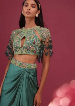 Sea Green Dhoti Crop Top Set In Satin Organza With Embroidery - NOOR 2022