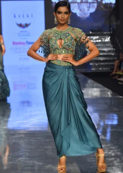 Sea Green Dhoti Crop Top Set In Satin Organza With Embroidery - NOOR 2022