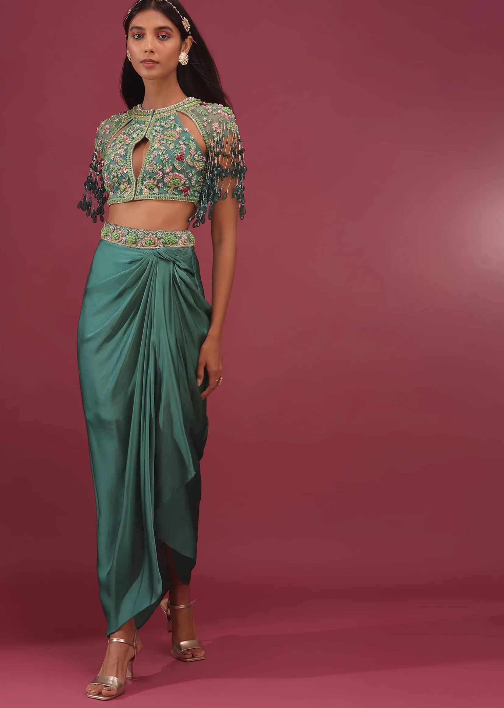 Sea Green Dhoti Crop Top Set In Satin Organza With Embroidery - NOOR 2022