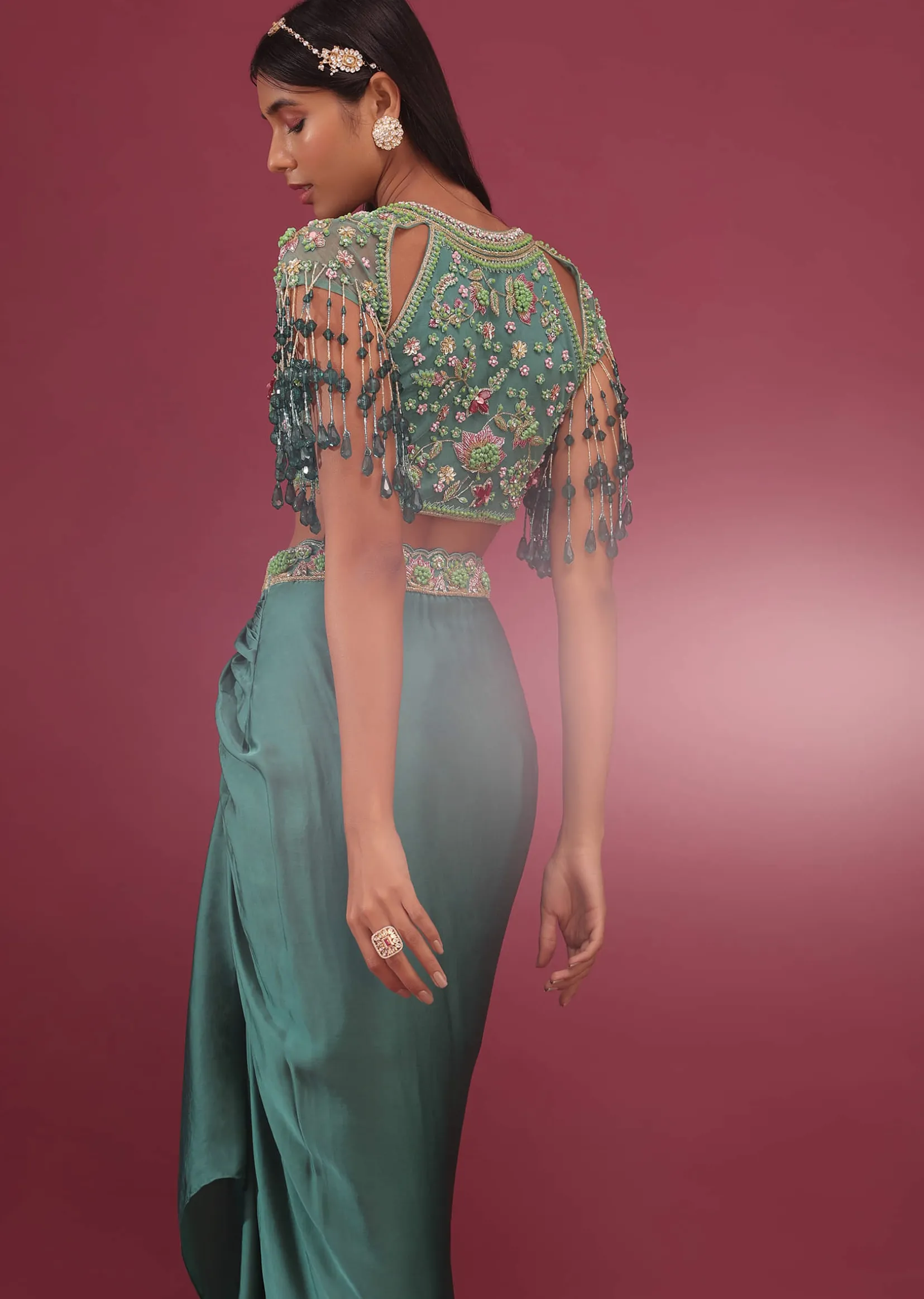 Sea Green Dhoti Crop Top Set In Satin Organza With Embroidery - NOOR 2022