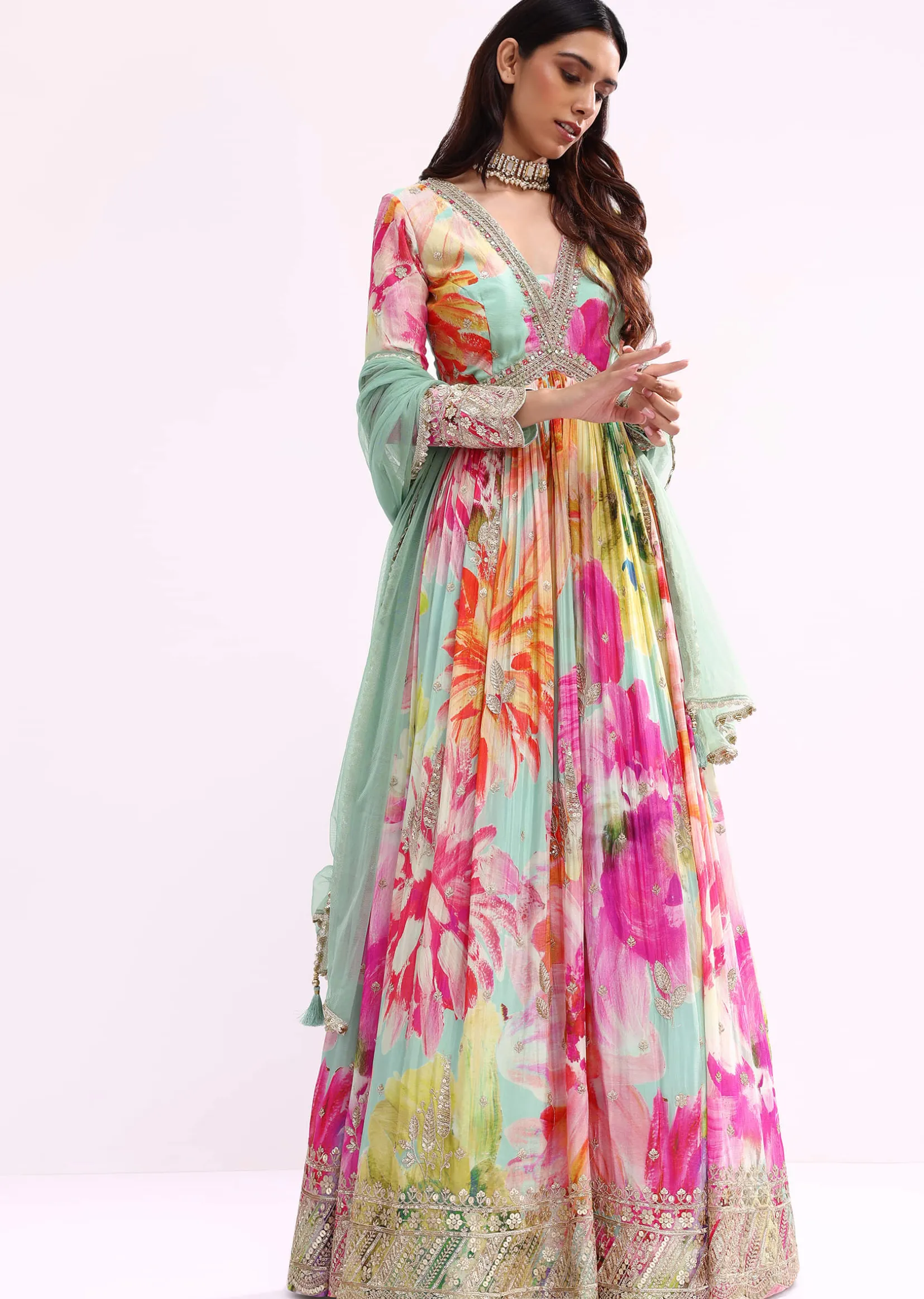 Sea Green Embroidered Chiffon Anarkali Set