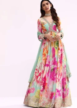 Sea Green Embroidered Chiffon Anarkali Set