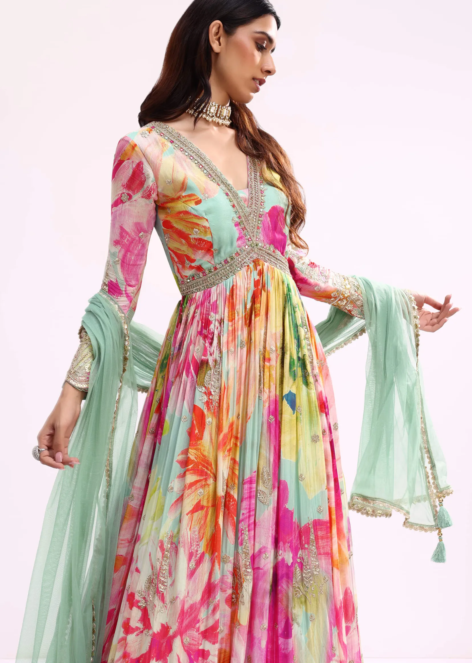 Sea Green Embroidered Chiffon Anarkali Set