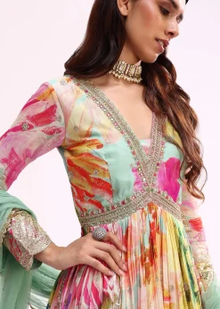 Sea Green Embroidered Chiffon Anarkali Set
