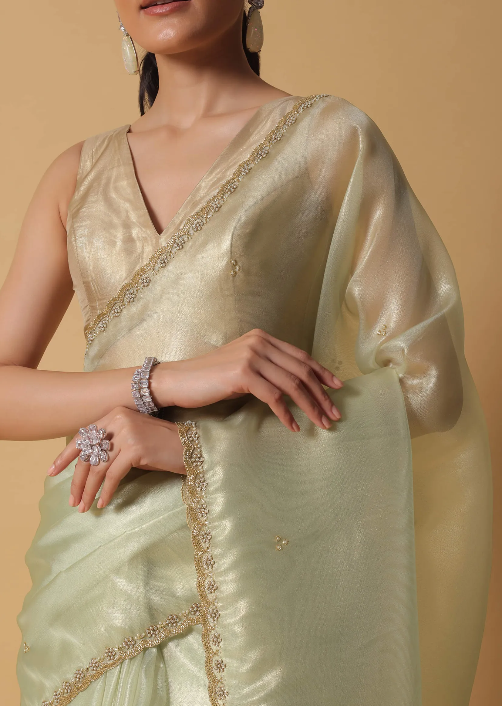 Sea Green Foil Saree In Tissue With Cut Dana Embroidered Borders