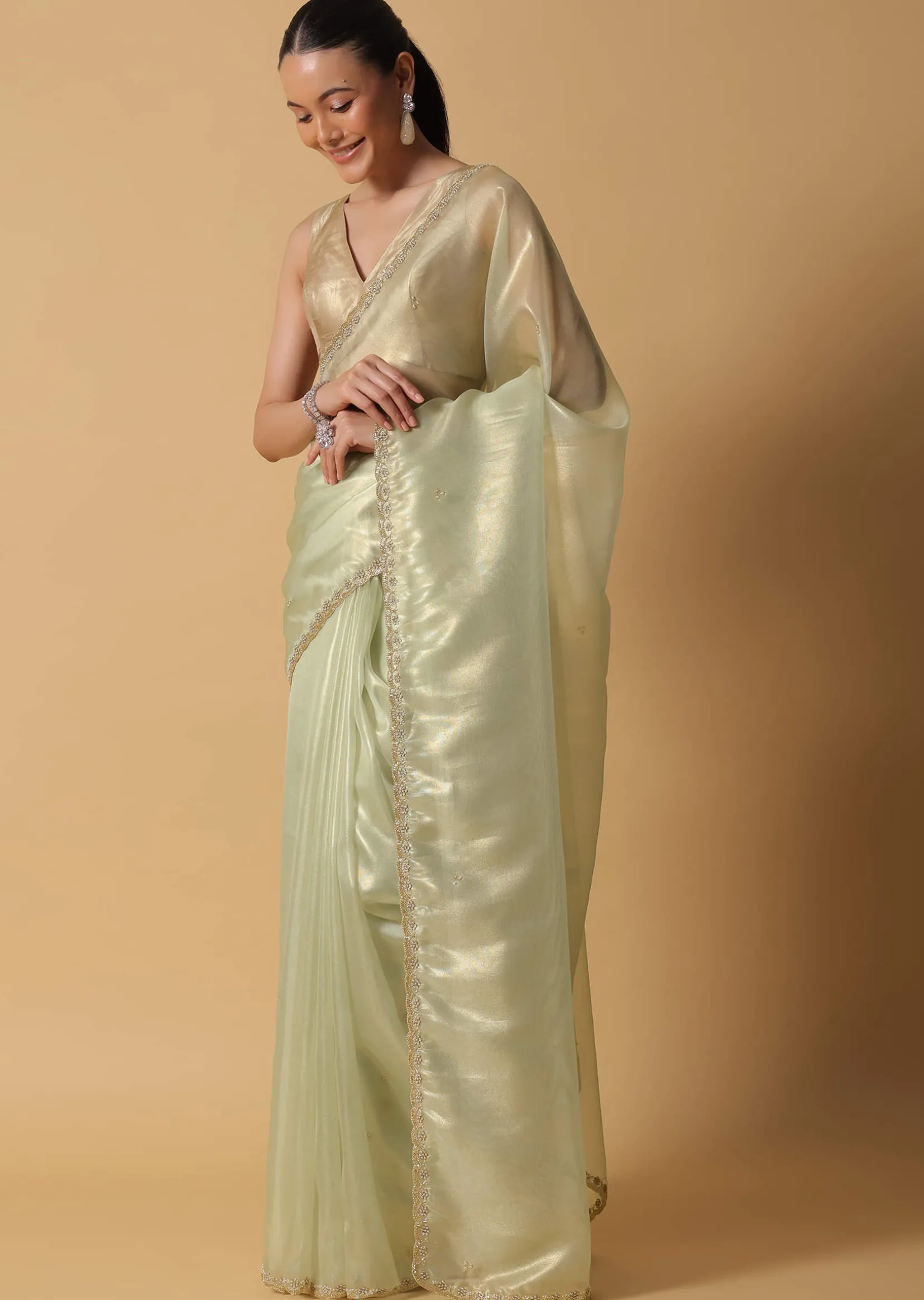 Sea Green Foil Saree In Tissue With Cut Dana Embroidered Borders
