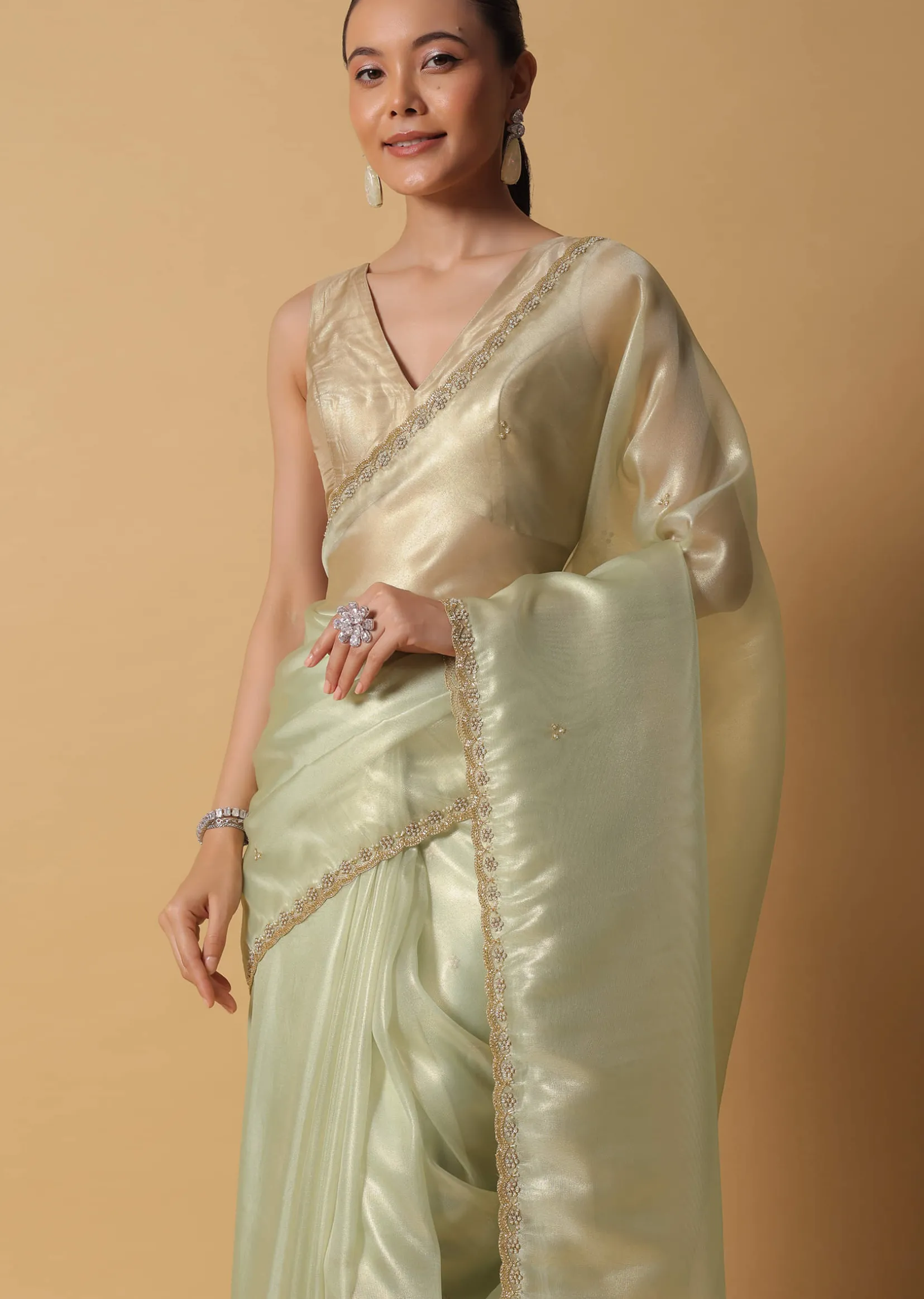 Sea Green Foil Saree In Tissue With Cut Dana Embroidered Borders
