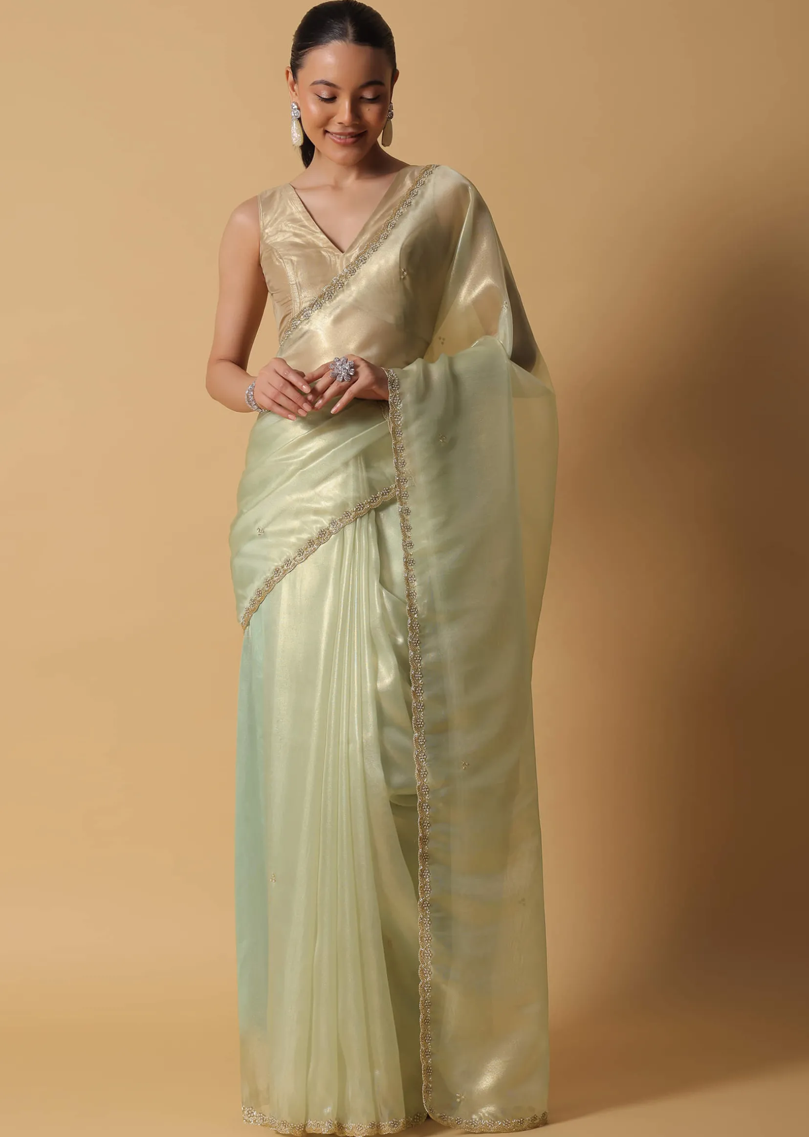 Sea Green Foil Saree In Tissue With Cut Dana Embroidered Borders
