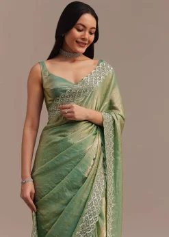 Sea Green Glass Tissue Saree With Cutdana And Stone Embroidery