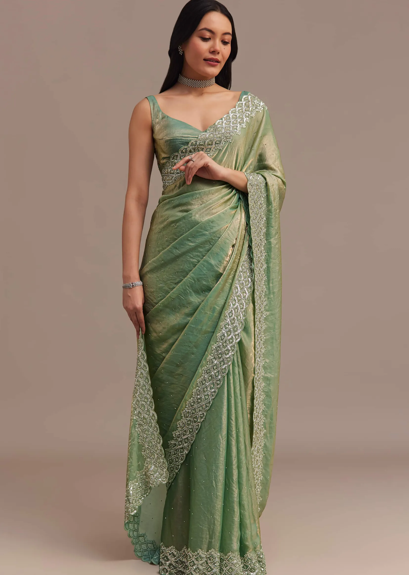 Sea Green Glass Tissue Saree With Cutdana And Stone Embroidery