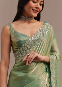 Sea Green Glass Tissue Saree With Cutdana And Stone Embroidery