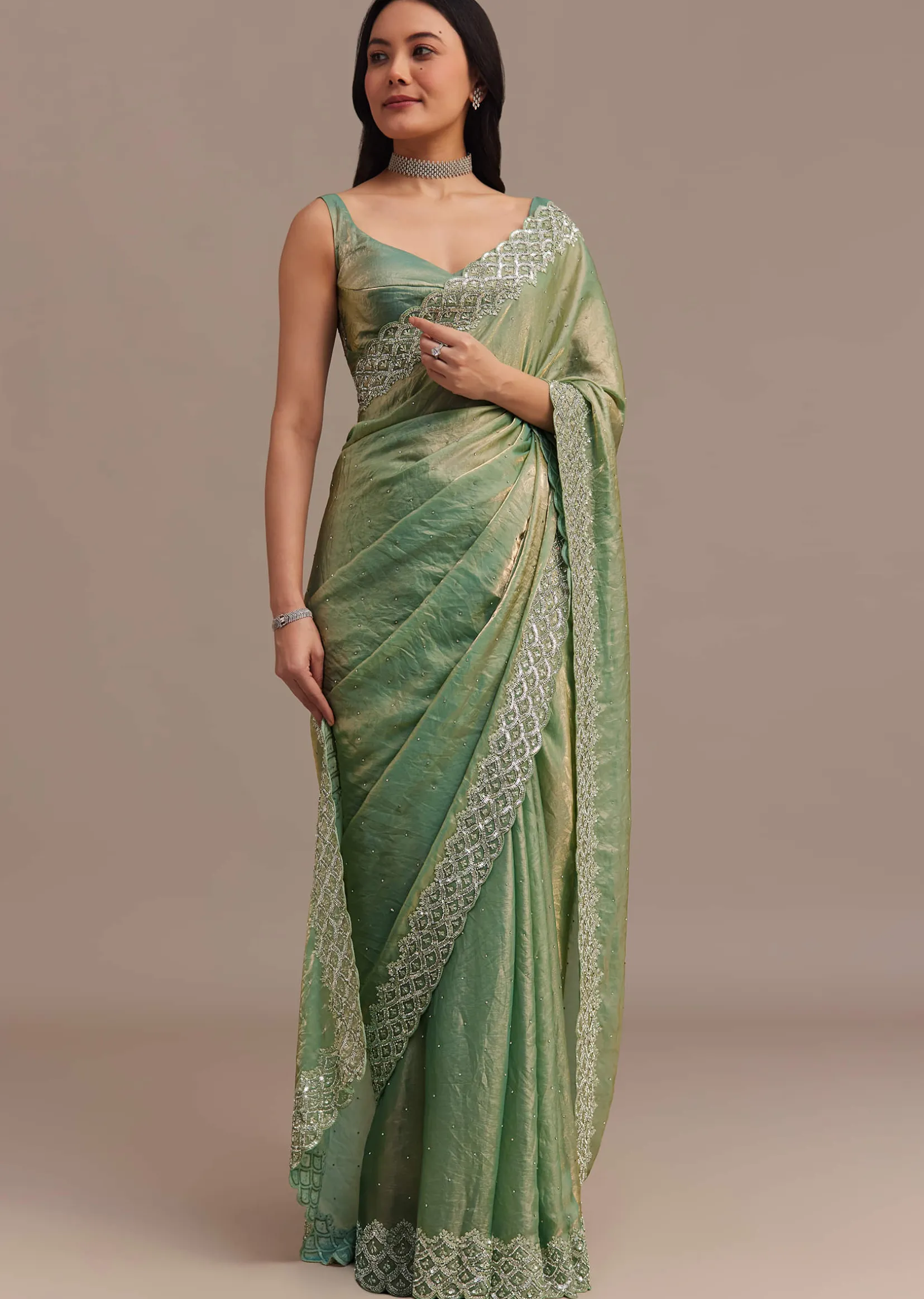 Sea Green Glass Tissue Saree With Cutdana And Stone Embroidery