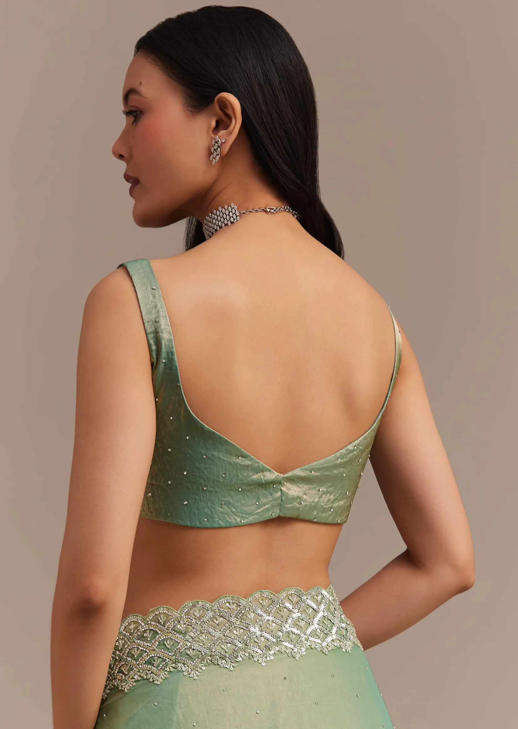 Sea Green Glass Tissue Saree With Cutdana And Stone Embroidery