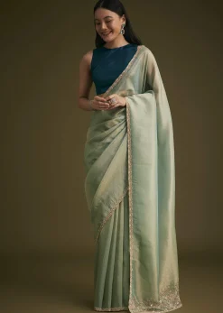 Sea Green Jacquard Sequins Saree With Cutdana Stones