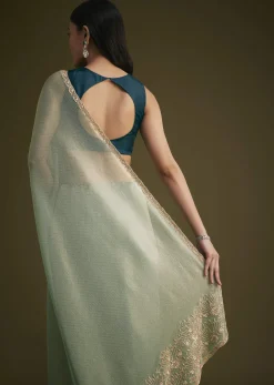 Sea Green Jacquard Sequins Saree With Cutdana Stones
