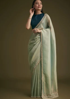 Sea Green Jacquard Sequins Saree With Cutdana Stones