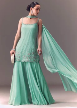 Sea Green Kurta Sharara Set With Choker Dupatta