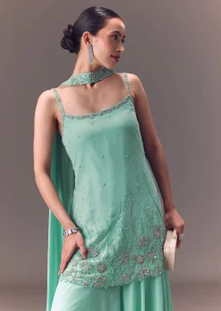 Sea Green Kurta Sharara Set With Choker Dupatta