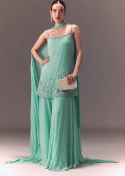 Sea Green Kurta Sharara Set With Choker Dupatta