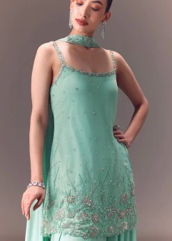 Sea Green Kurta Sharara Set With Choker Dupatta