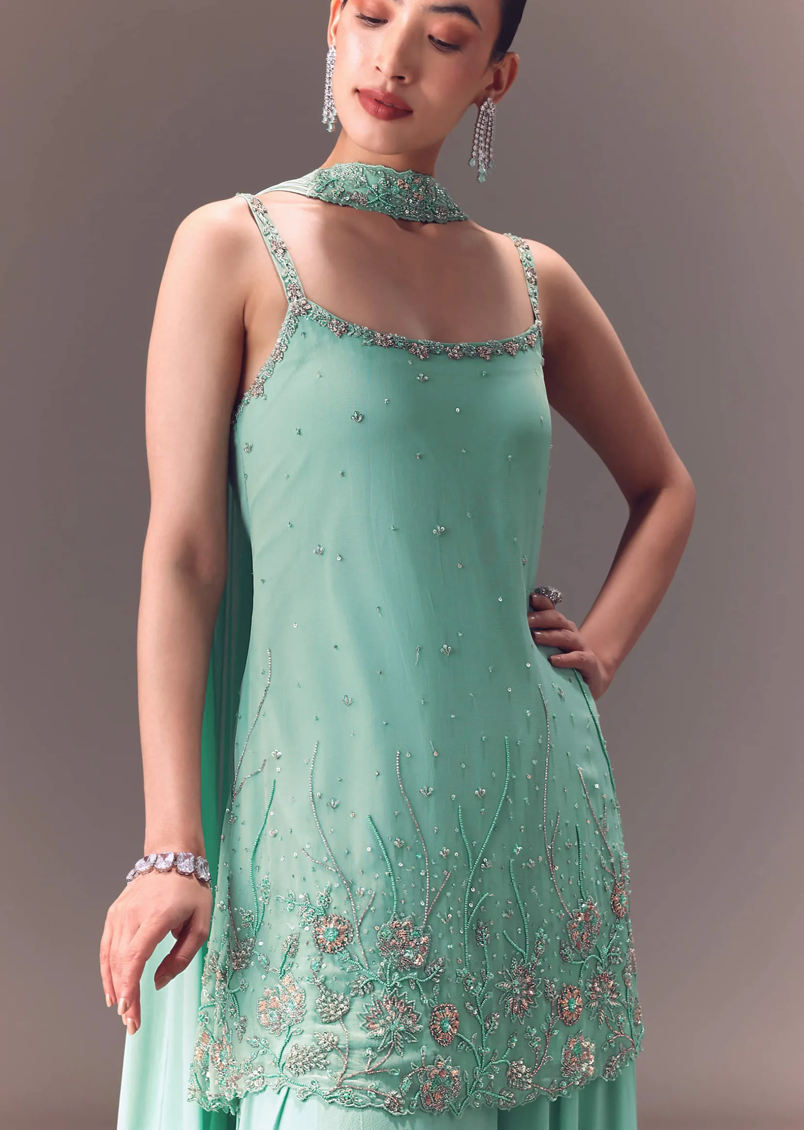 Sea Green Kurta Sharara Set With Choker Dupatta