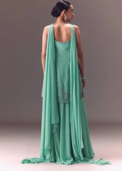 Sea Green Kurta Sharara Set With Choker Dupatta