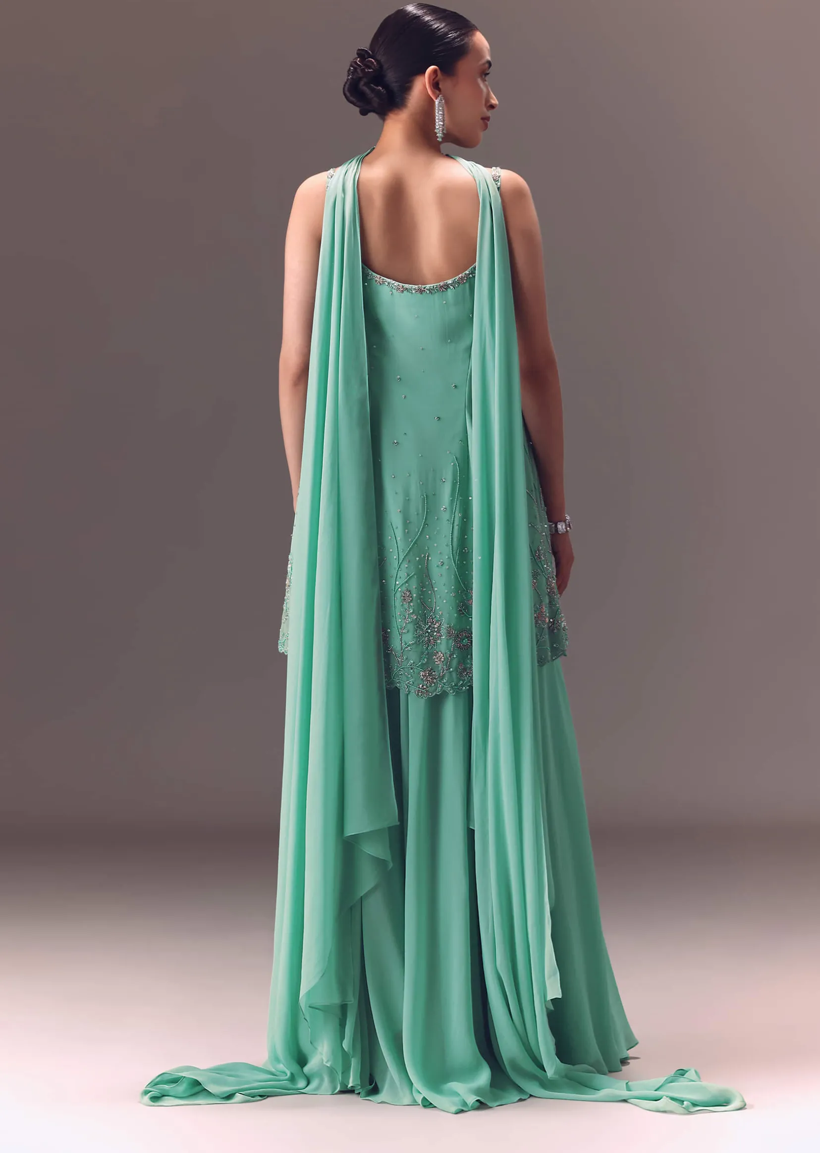 Sea Green Kurta Sharara Set With Choker Dupatta